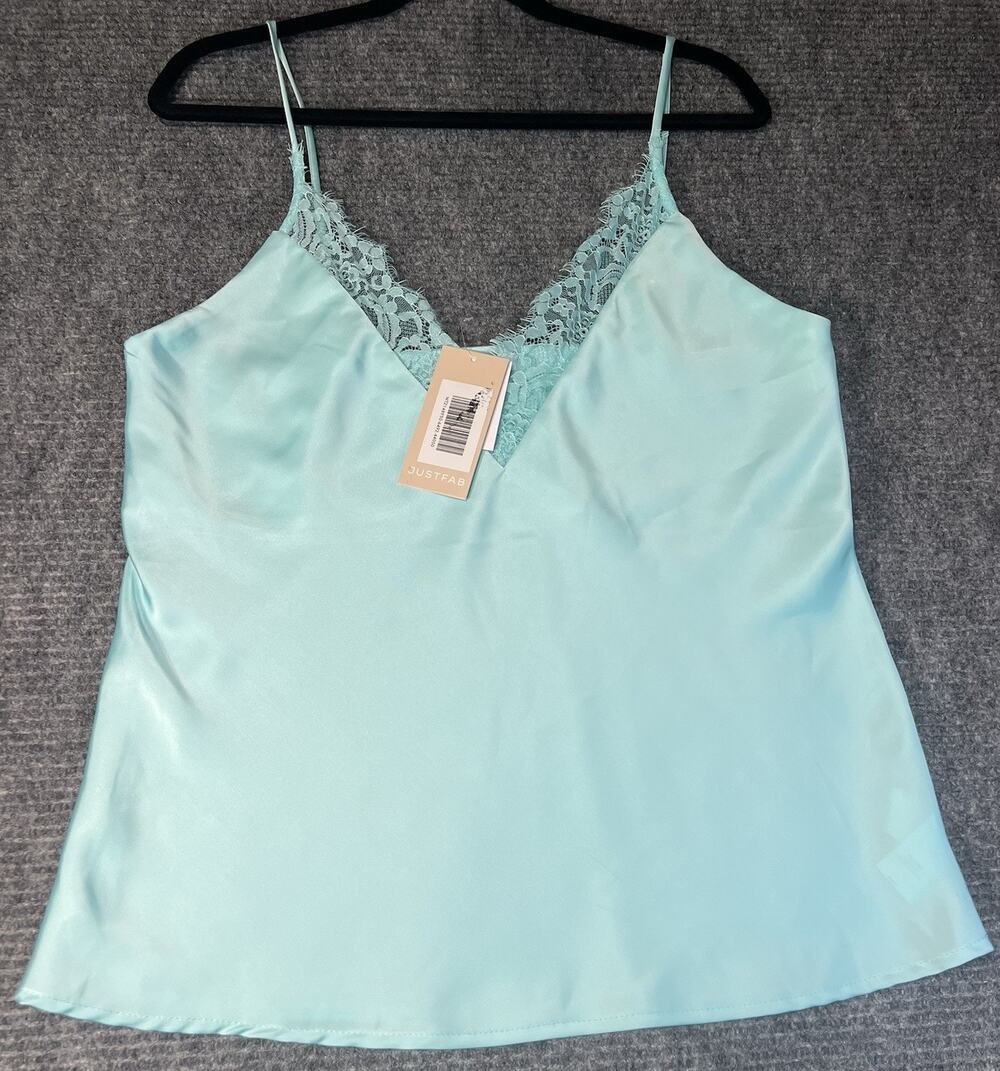 JustFab Women’s Satin Lace Trim Camisole Aqua Blue Size XL NWT